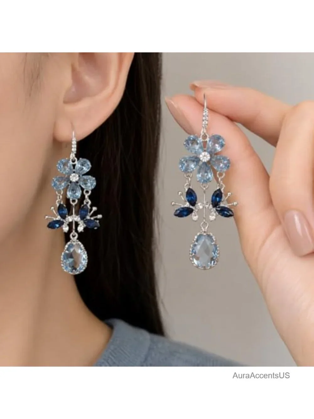 Blue Crystal Flower Butterfly Drop Earrings for Women, Silver Tone Rhinestone